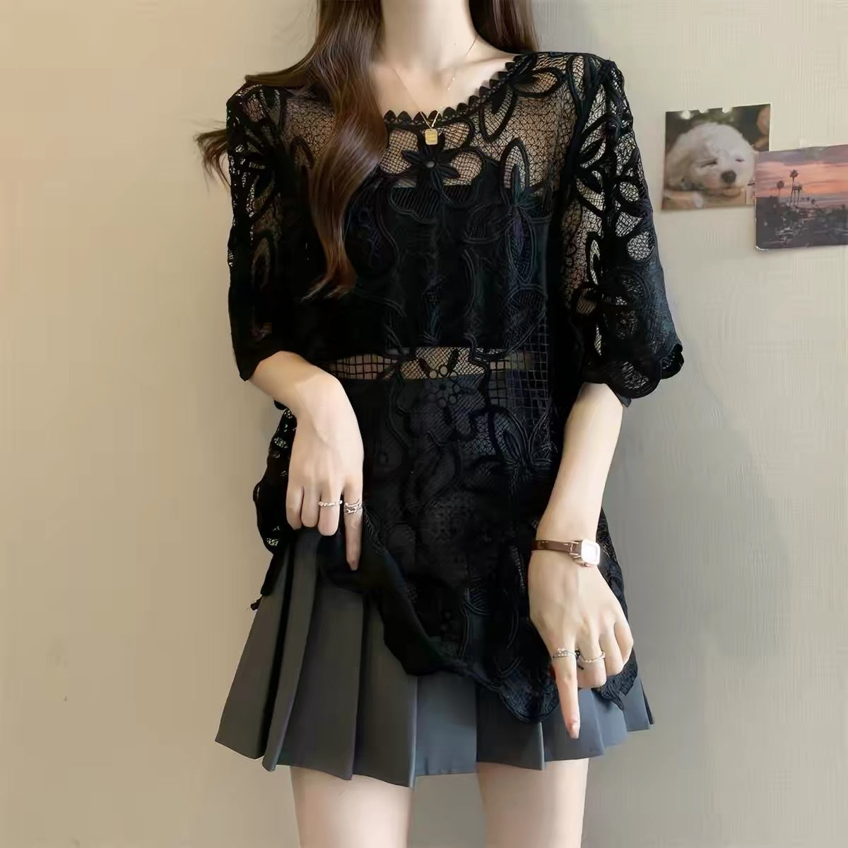 Design-focused Round-neck Lace Chanel-style Womens Top