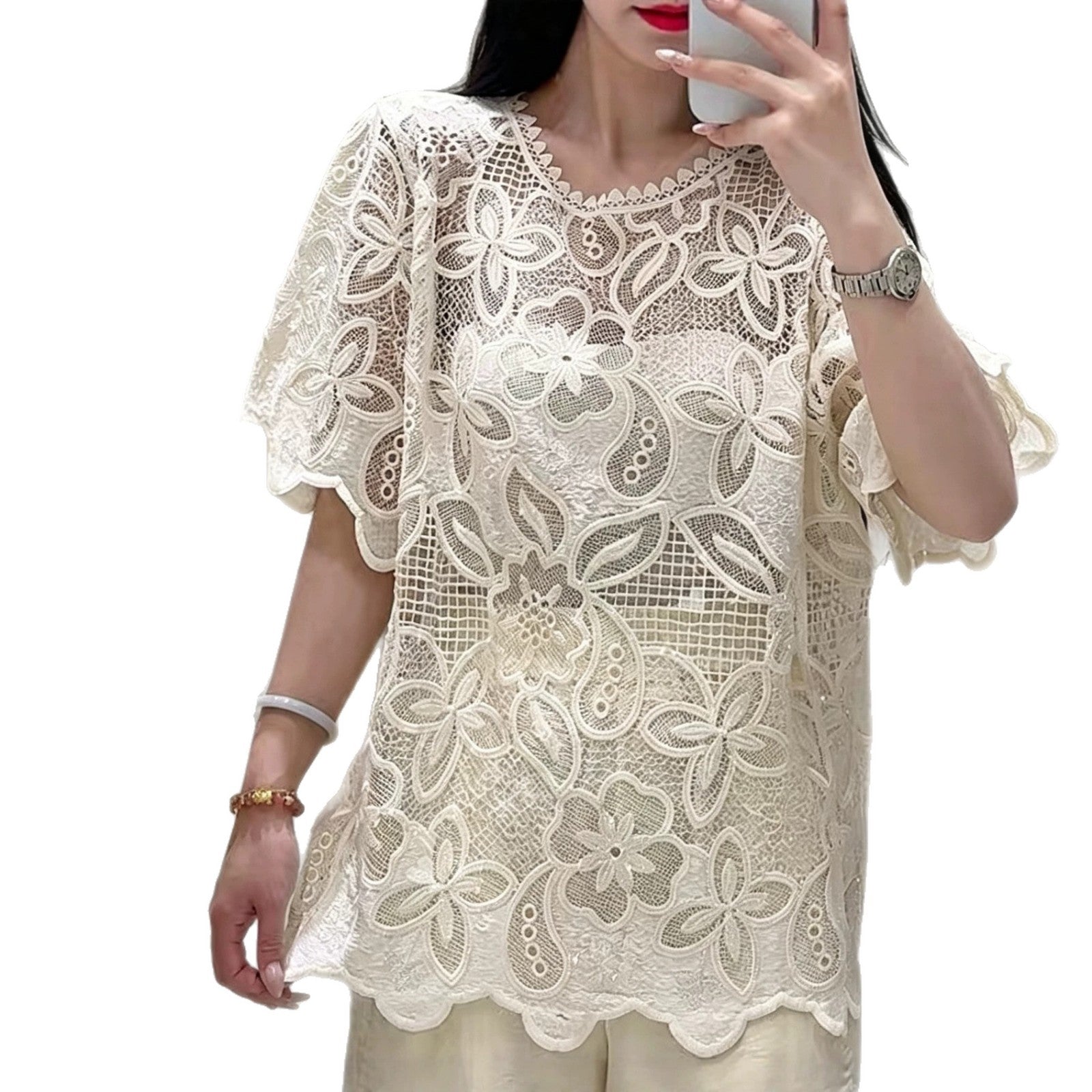 Design-focused Round-neck Lace Chanel-style Womens Top